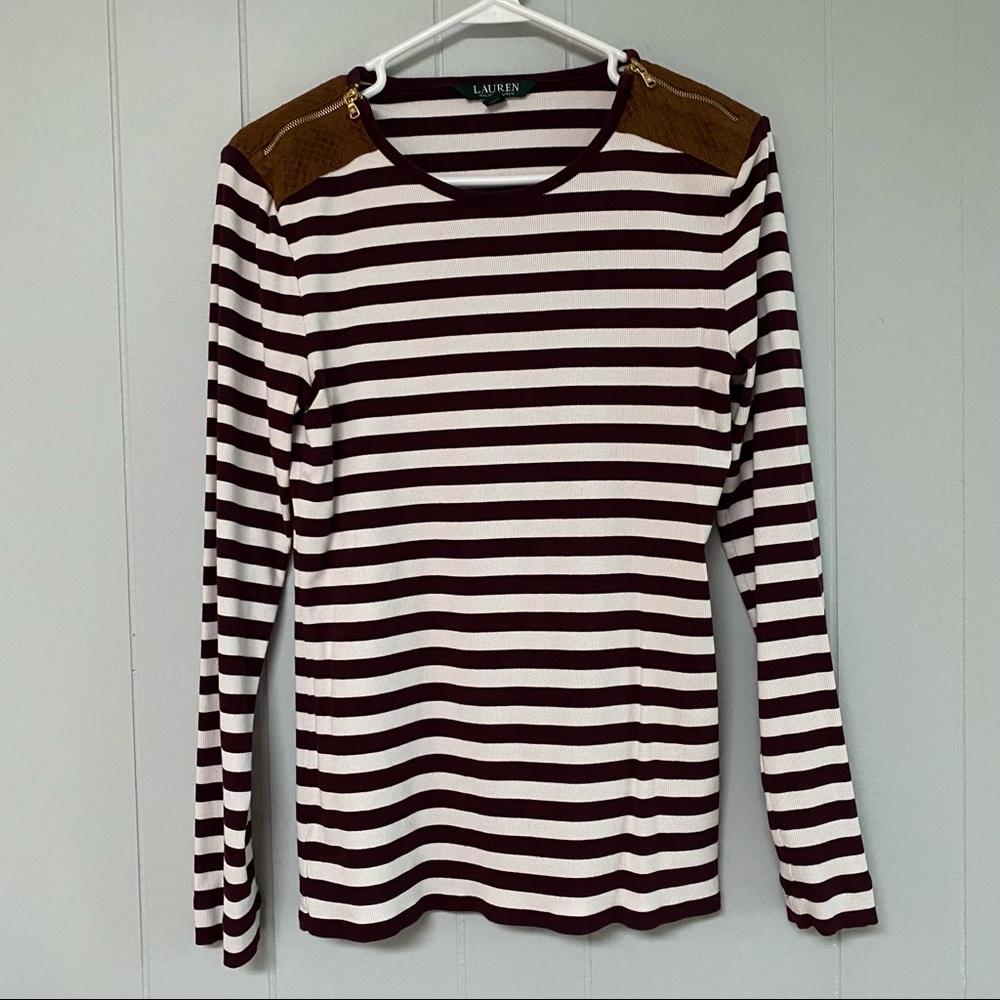 Ralph Lauren Wine and White Striped Long Sleeve Top